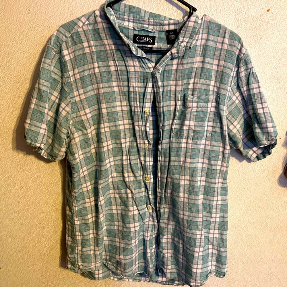CHAPS Large teal and white plaid button shirt